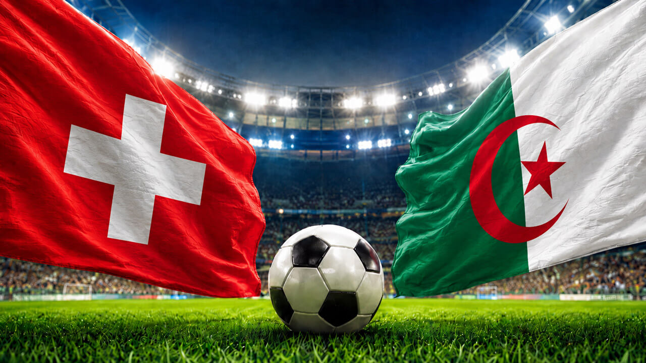 Switzerland and Algeria flags face off above a soccer ball in a packed stadium, representing a FIFA World Cup prediction market matchup.