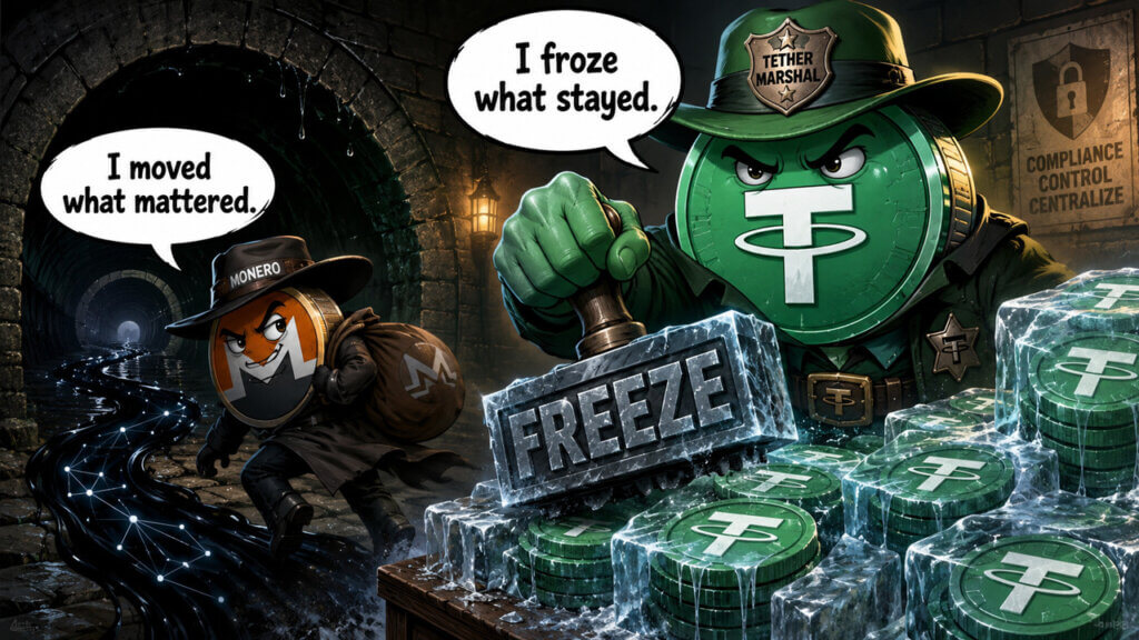 Cartoon showing Tether freezing USDT while Monero moves away in a tunnel, illustrating stablecoin control limits and privacy coin routing.