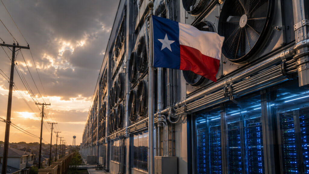 Texas data center facility flying the state flag, highlighting the debate over whether large AI and computing operations should bear more of the electricity grid costs they create.