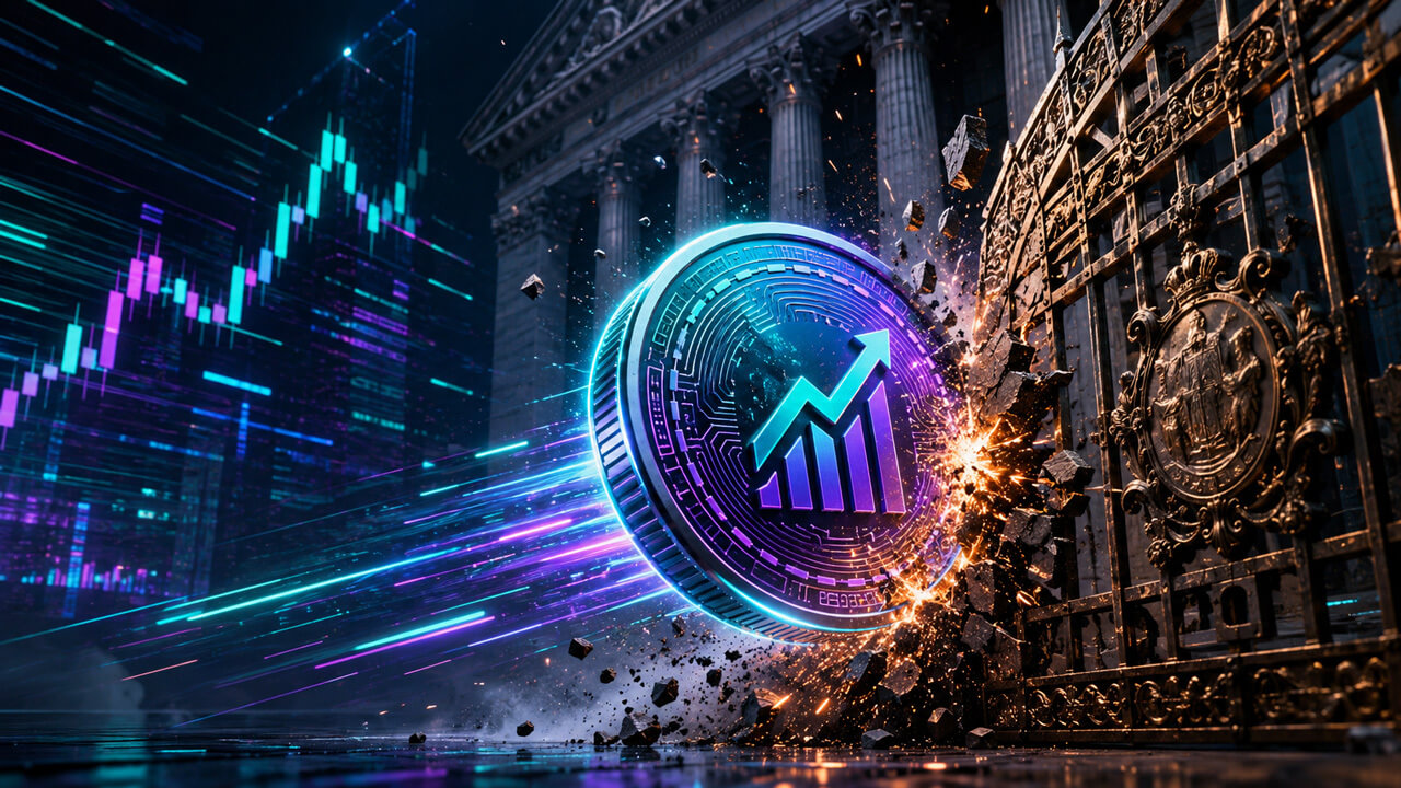 Tokenized financial asset breaking through the gates of traditional finance, illustrating the rise of tokenized securities, digital assets and blockchain-powered capital markets.