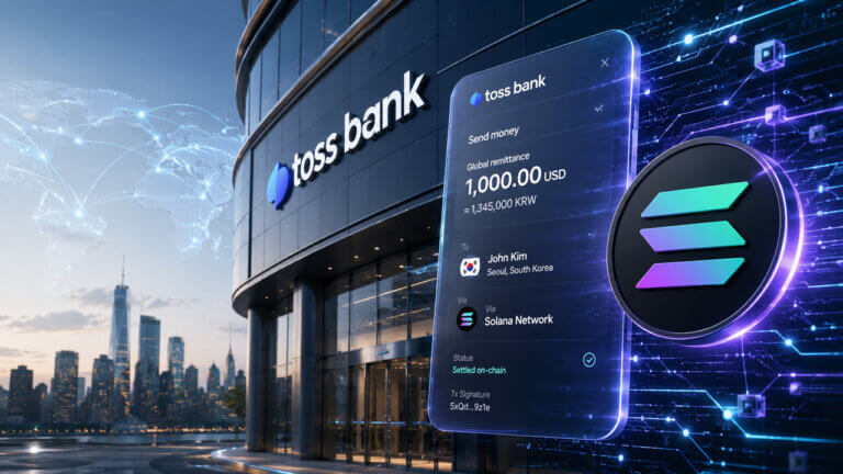 Toss Bank digital banking branch exterior with cryptocurrency and financial market displays