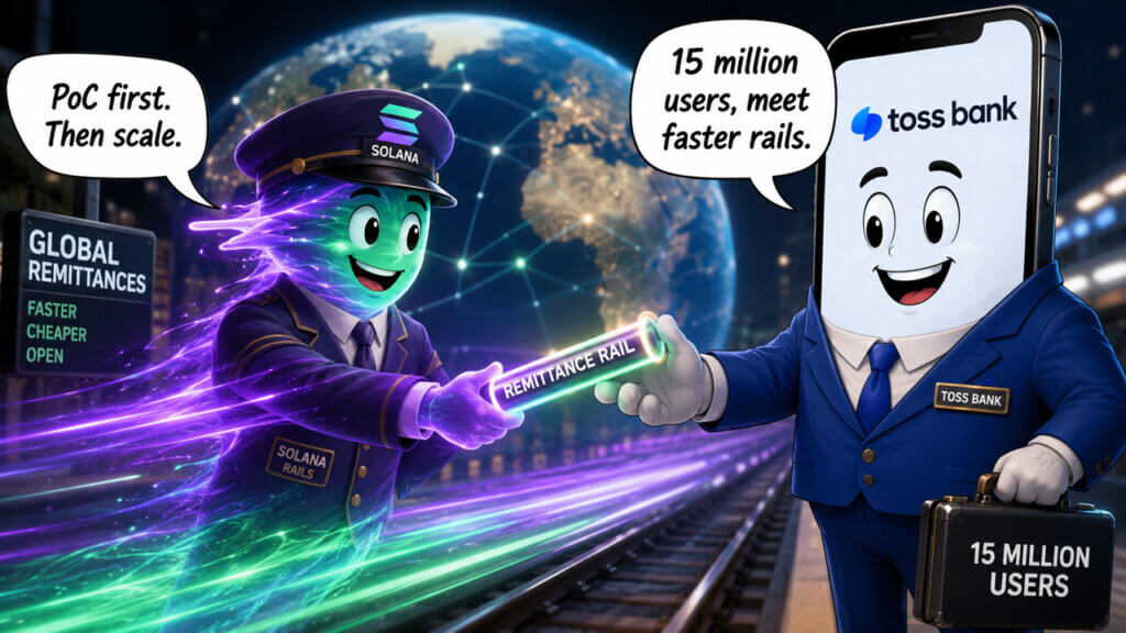Cartoon illustration of Toss Bank and Solana mascots connecting on a glowing remittance rail, representing a blockchain-powered cross-border payment test linking Solana infrastructure with Toss Bank's 15 million-user banking platform.