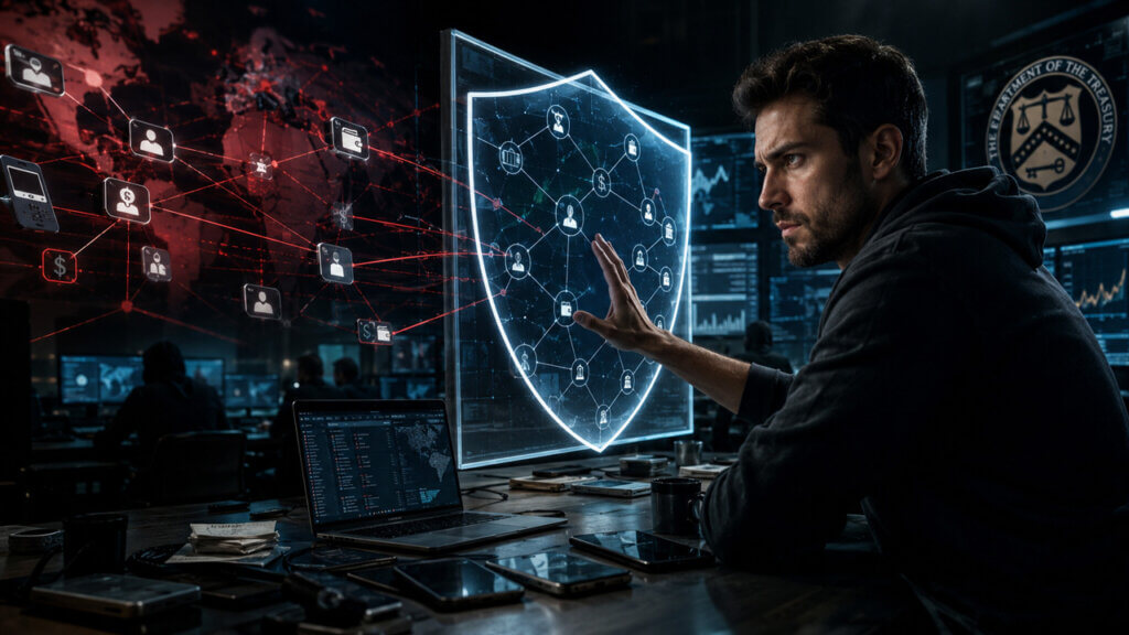 Cybersecurity analyst monitoring illicit financial networks and digital asset transactions behind a virtual security shield, representing anti-money laundering enforcement and financial crime prevention.