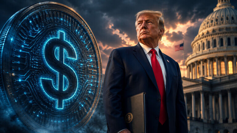 U.S. president Donald Trump beside a glowing digital dollar and the Capitol, representing digital currency regulation, stablecoin policy and federal crypto oversight.