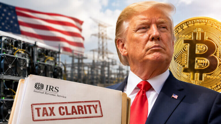 Donald Trump with a Bitcoin coin and U.S. flag illustrating proposed tax changes for Bitcoin mining in America.
