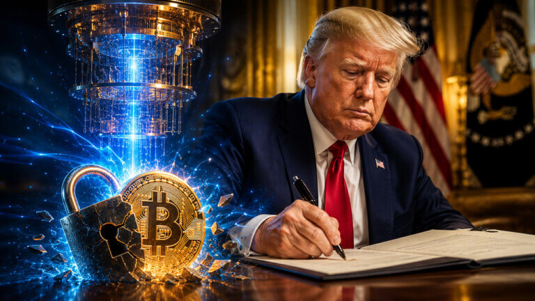 Trump signing an executive order as quantum computing and Bitcoin market data charts highlight the intersection of US technology policy, quantum computing, and cryptocurrency security.