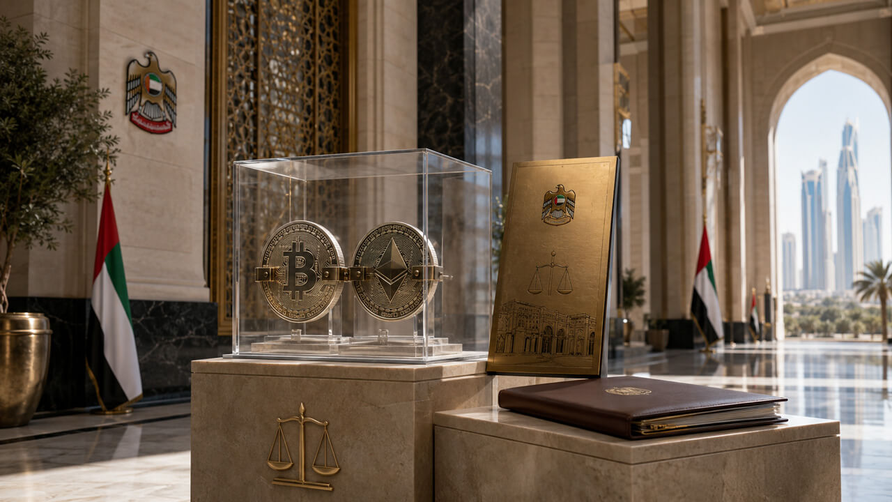 UAE government regulatory display featuring Bitcoin, Ethereum and official legal documents, representing SCA Decision No. 27/RM/2023 and its amendments to the Financial Activities Rulebook for virtual asset services before the 2026 CMA framework.