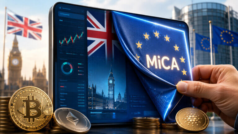 UK cryptocurrency exchange regulatory address sign with MiCA logo, Bitcoin coin and European Union and United Kingdom flags.