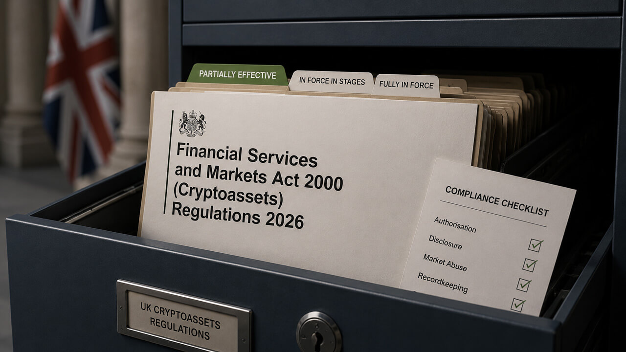 UK cryptoasset regulations file with compliance checklist and phased implementation markers, representing S.I. 2026/102 FCA-authorised cryptoasset activities, disclosures, market abuse rules and October 2027 commencement.