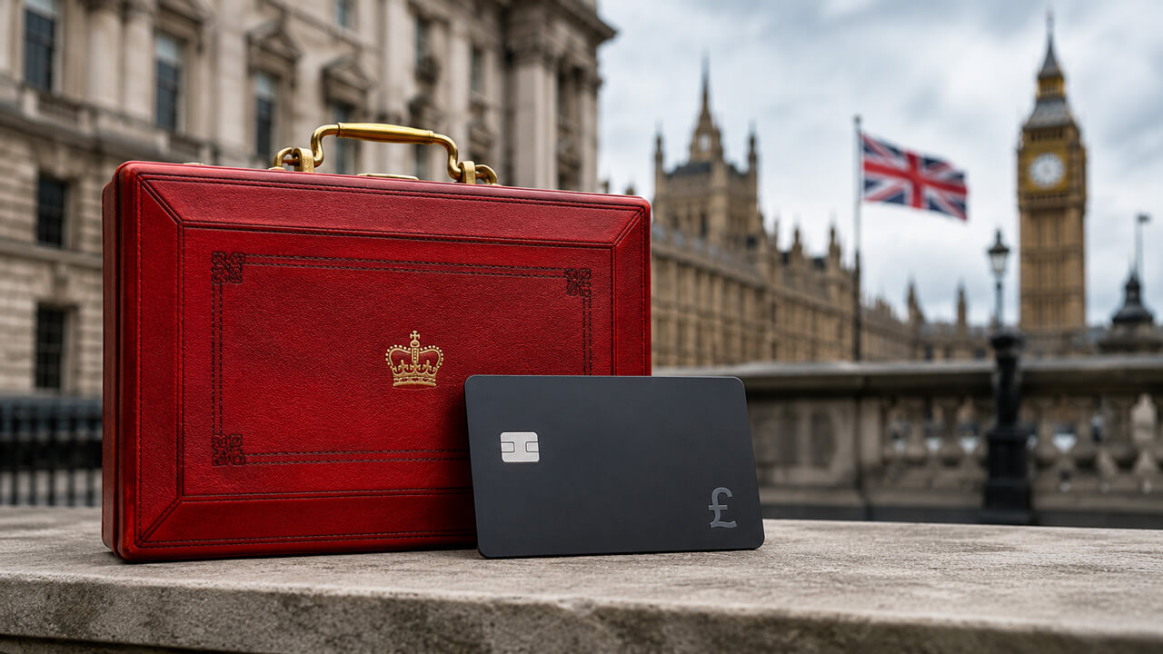 Red UK government budget-style briefcase and a dark payment card displayed in front of the Palace of Westminster and Big Ben, with a Union Jack flag in the background, symbolizing the UK’s digital pound consultation, central bank digital currency policy development, payment infrastructure modernization, and future retail digital money framework.