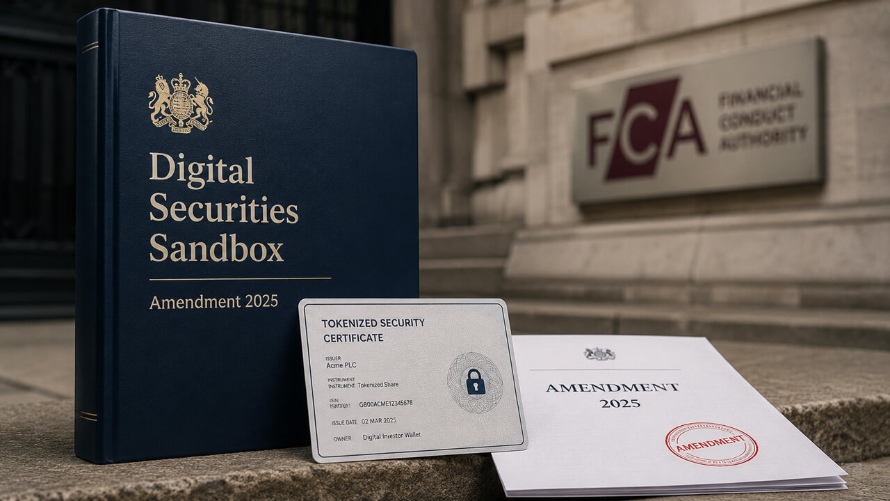 UK Digital Securities Sandbox amendment beside tokenized security certificate and FCA headquarters, representing UKSI 2025/93 cryptoasset MLR modification and supervisory changes from March 2025.
