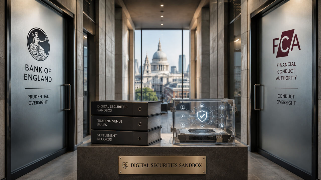 **Alt text:** UK Digital Securities Sandbox framework under FCA and Bank of England oversight, illustrating tokenized securities trading, settlement testing, regulatory supervision and digital market infrastructure innovation.