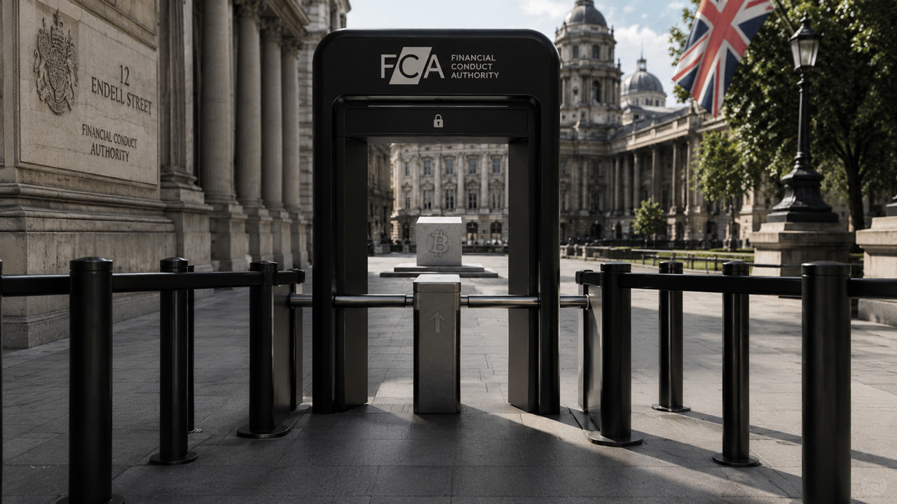 FCA-branded security gate positioned outside the UK Financial Conduct Authority headquarters in London, with a Bitcoin symbol visible beyond the checkpoint and a Union Jack flag in the background, illustrating the UK’s forthcoming regulatory regime for crypto trading platforms, intermediaries, lending, staking, and in-scope DeFi activities scheduled for full implementation in October 2027.