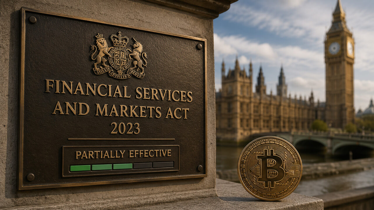 UK Financial Services and Markets Act 2023 plaque beside a Bitcoin coin and Parliament, representing cryptoasset powers, stablecoin regulation, digital settlement assets and phased implementation through 2027.