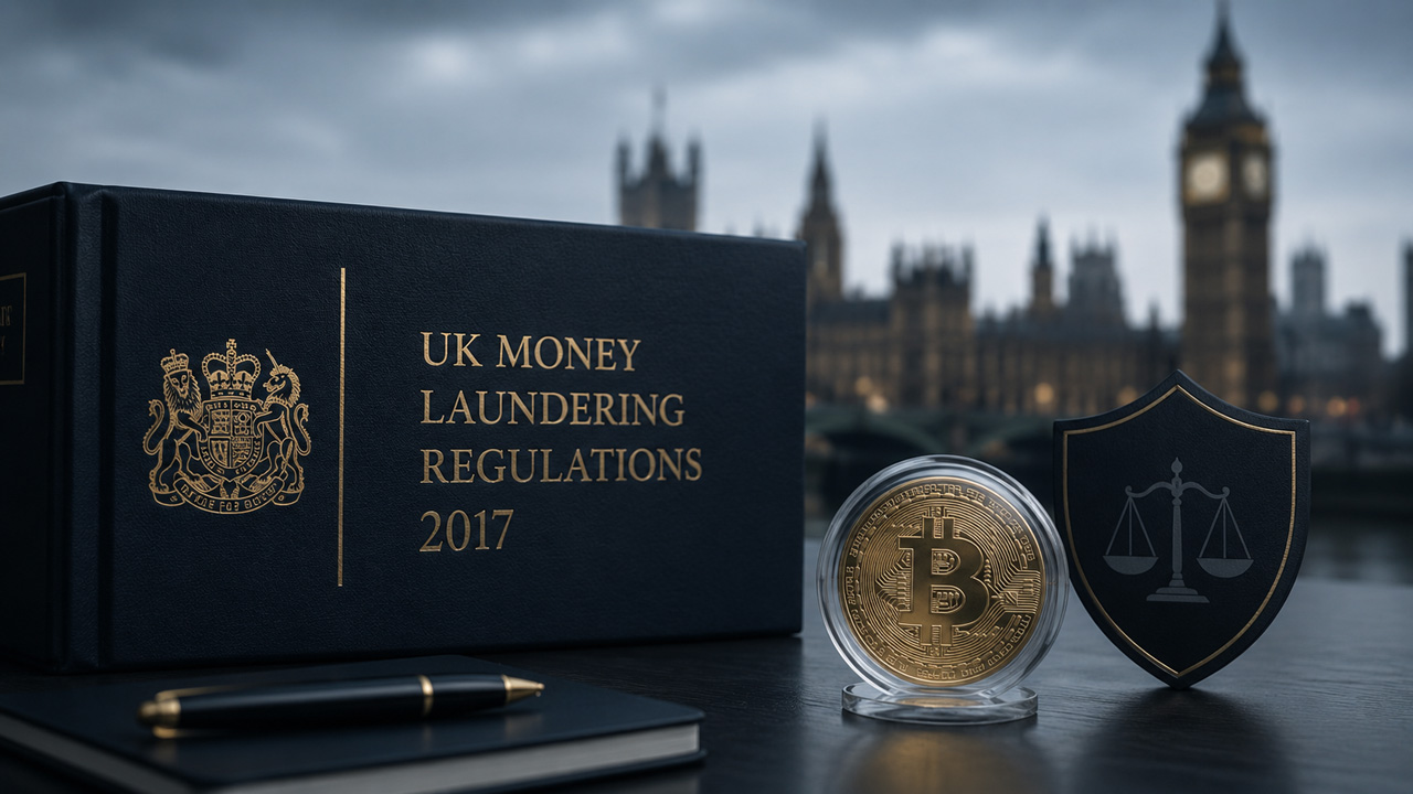 UK Money Laundering Regulations 2017 beside a Bitcoin coin and compliance shield, representing AML duties, FCA registration requirements and the cryptoasset Travel Rule for regulated firms.