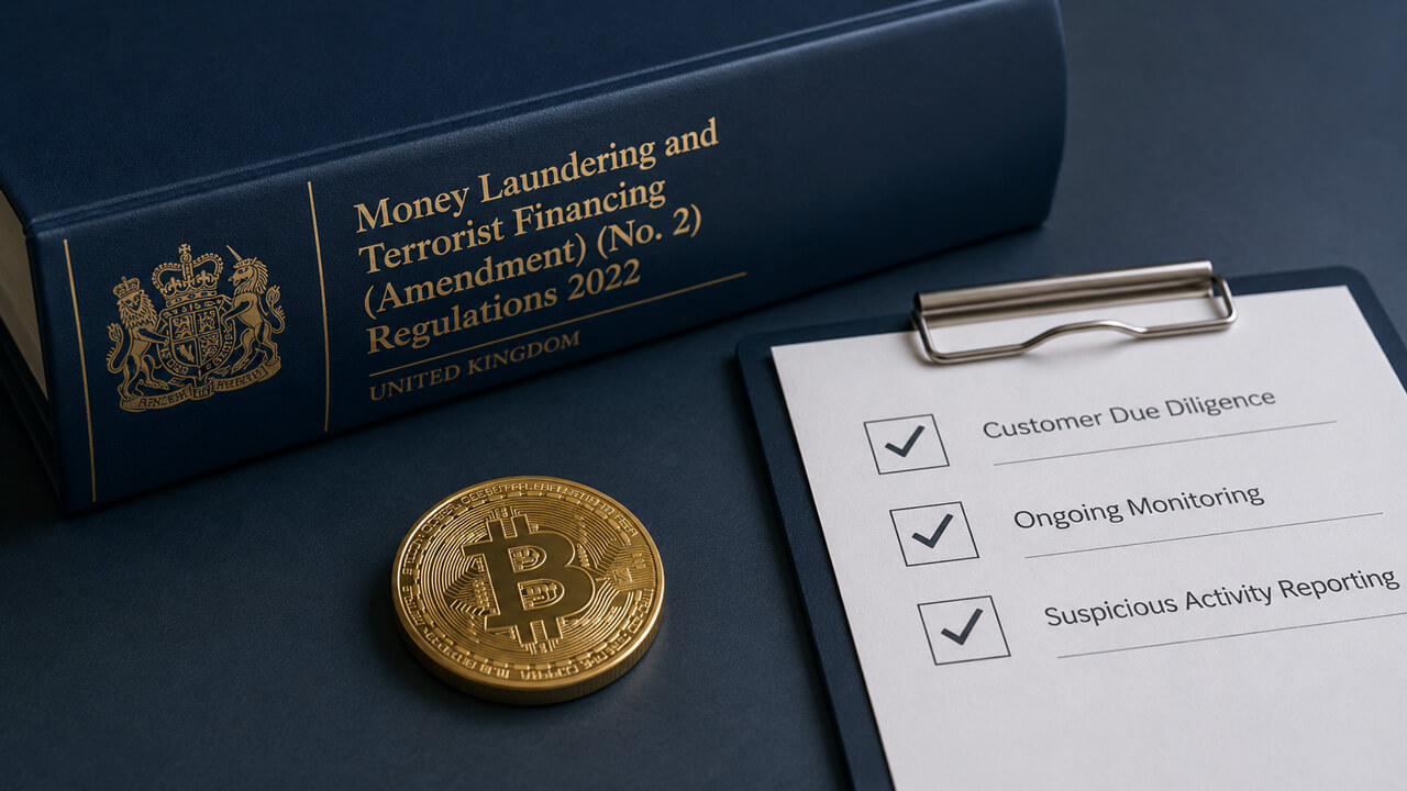 **Alt text:** UK Money Laundering and Terrorist Financing Amendment Regulations 2022 with Bitcoin and AML compliance checklist, representing the cryptoasset Travel Rule, FCA change-in-control reviews, customer due diligence and proliferation-financing controls.