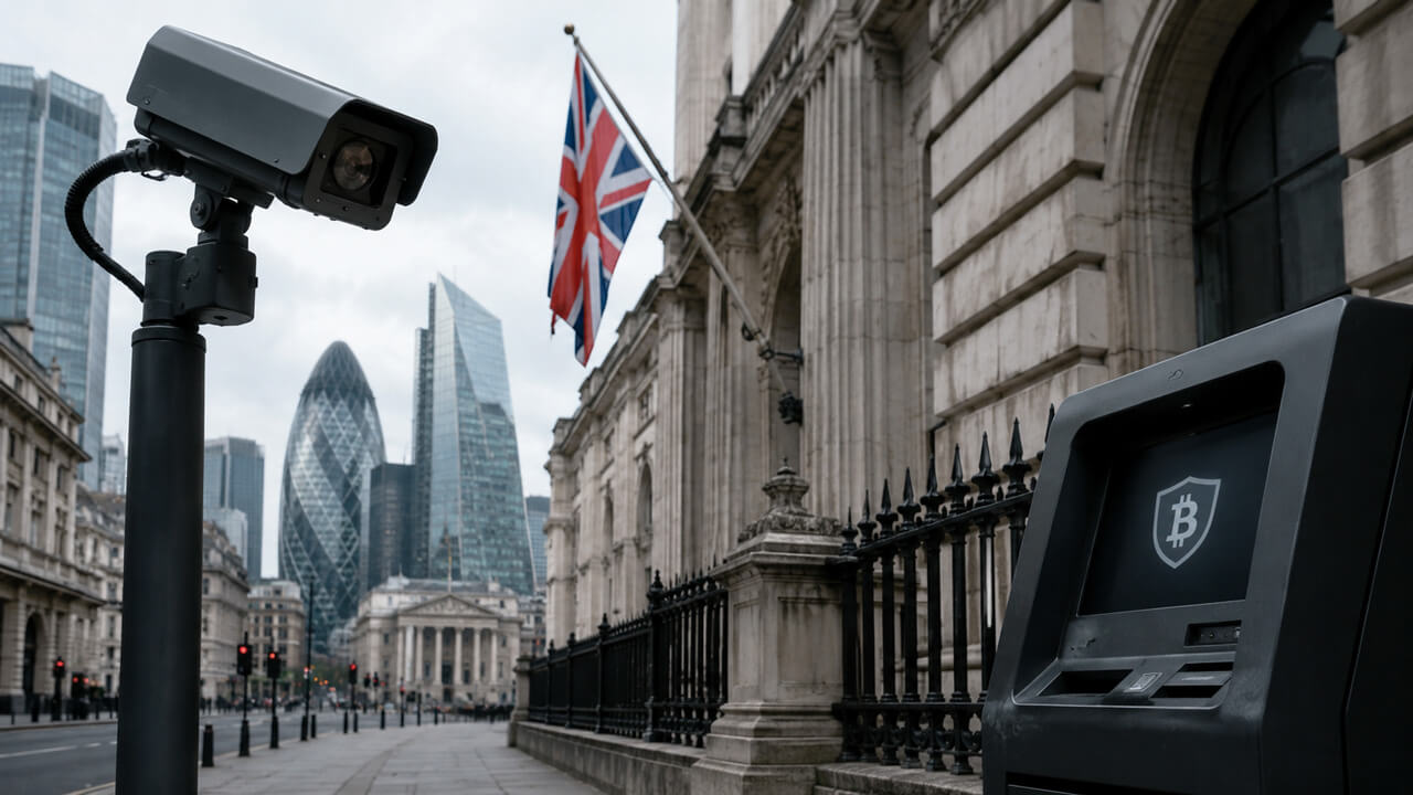 UK crypto AML supervision illustrated by a crypto exchange kiosk and surveillance camera in London’s financial district, representing S.I. 2019/1511 bringing crypto exchanges and custodian wallet providers under FCA anti-money laundering oversight from 2020.