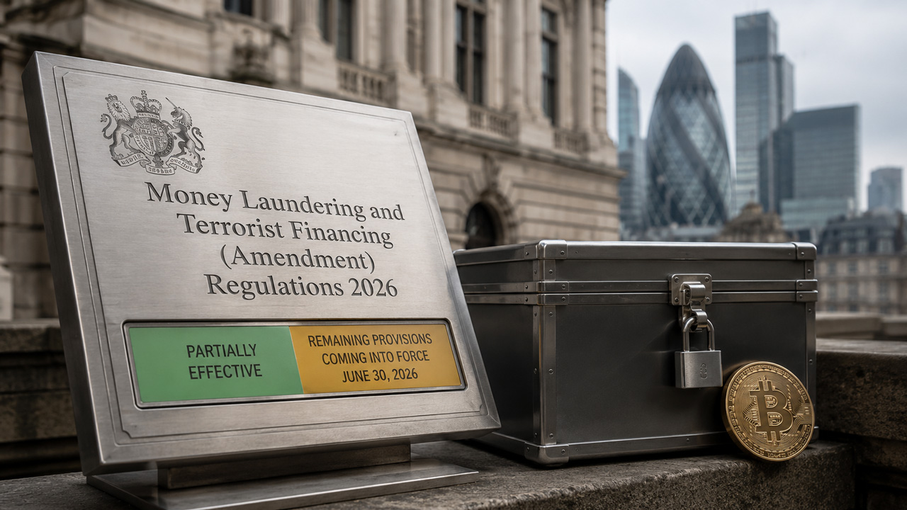 **Alt text:** UK Money Laundering and Terrorist Financing Amendment Regulations 2026 display with secured crypto assets, illustrating staged crypto correspondent due diligence requirements, change-in-control reforms and phased AML implementation through 2027.