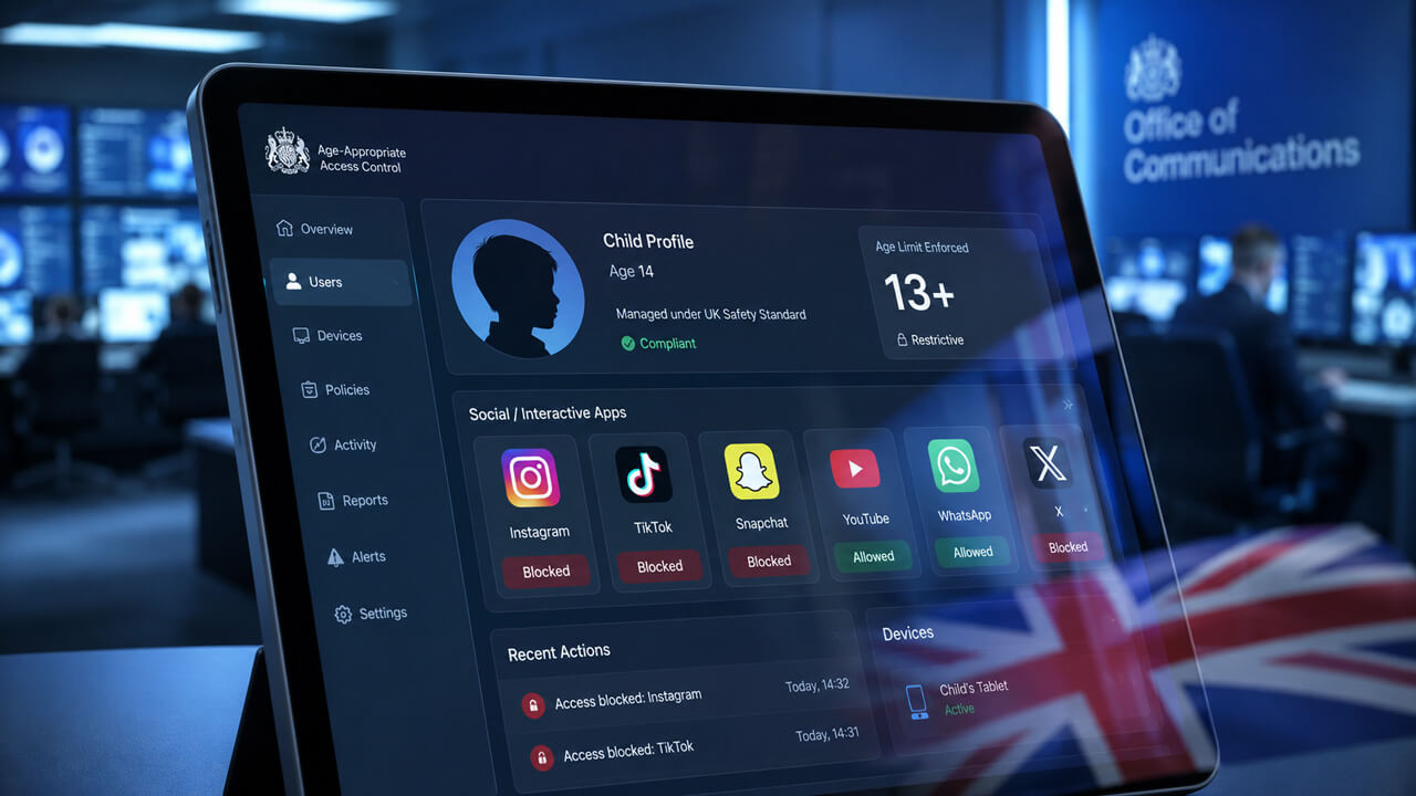 UK age-verification dashboard showing social media restrictions for minors, representing a prediction market on when stricter UK social media access rules or bans could take effect under online safety regulations.