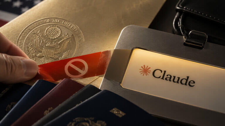 Claude AI access badge marked with a prohibition symbol beside government documents and passports, representing the Polymarket prediction market on whether the Claude Fable 5 foreigner ban will be rescinded, with odds, deadline scenarios, liquidity, volume, and AI policy developments in focus.