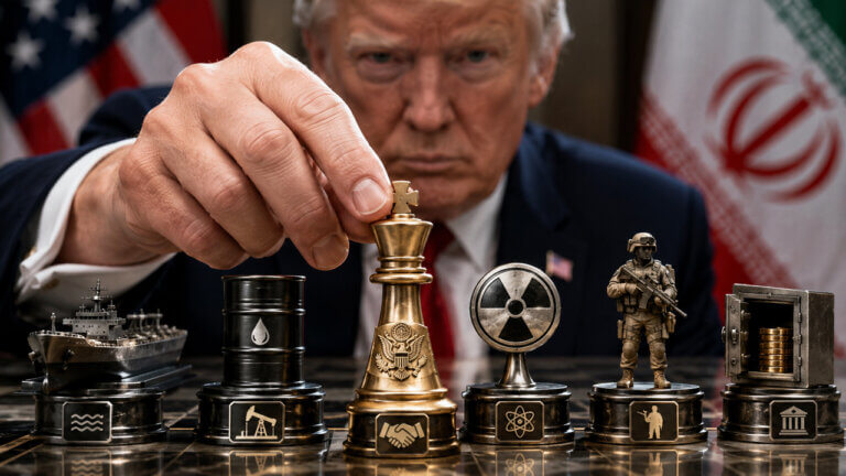 Trump moving a chess piece between US and Iran symbols, representing Polymarket odds on Iranian demands, June 30 scenarios, negotiation outcomes and geopolitical risk signals.