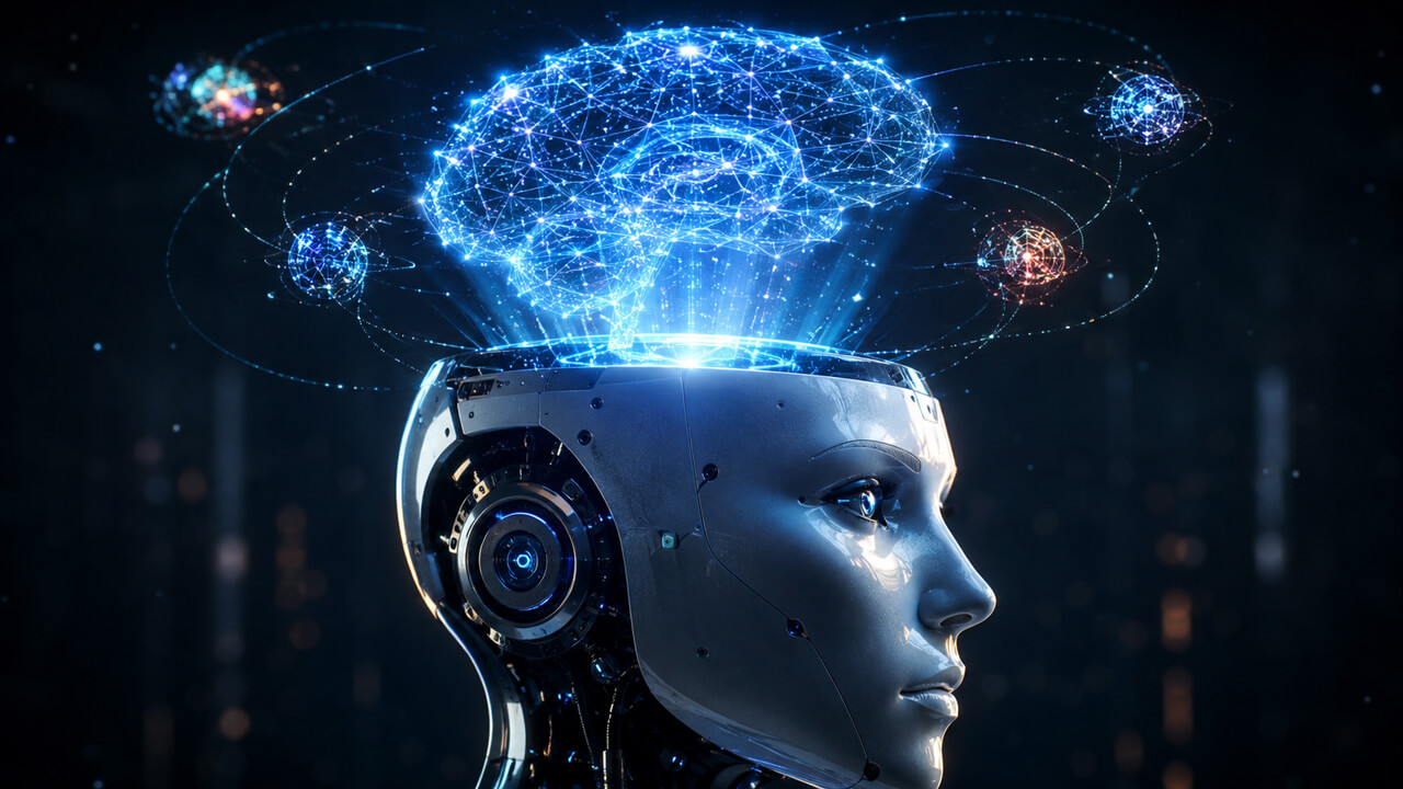 Humanoid AI projecting a glowing holographic brain surrounded by connected data networks, representing the race among leading companies to build the most advanced AI model by the end of 2026.