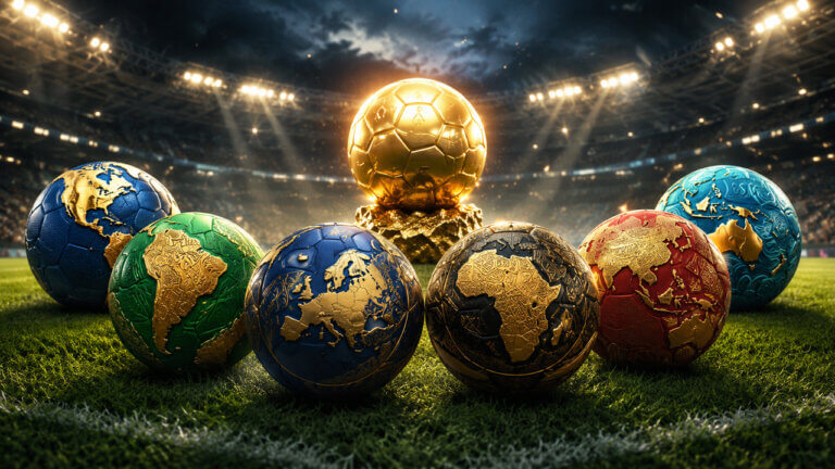 World Cup trophy surrounded by footballs featuring world maps, representing prediction markets for which continent will win the FIFA World Cup.