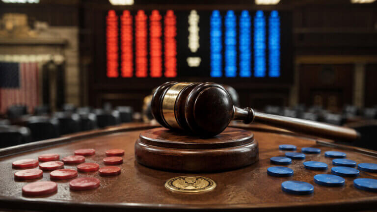Gavel with red and blue election markers in Congress, representing 2026 House control prediction market odds, party outcomes, trading volume, liquidity and midterm election signals.