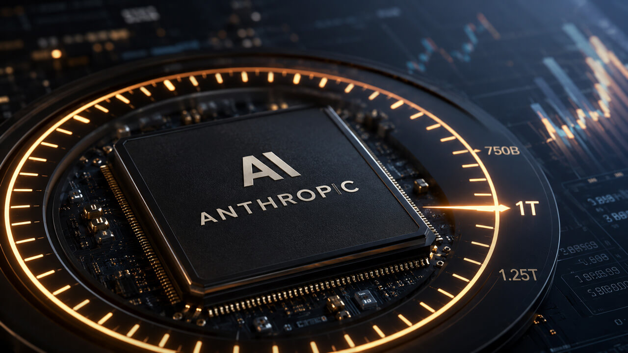 Anthropic AI processor and valuation gauge approaching the $1 trillion mark, illustrating growing expectations around Anthropic’s market value, AI leadership, and future valuation milestones. Anthropic AI processor and valuation gauge approaching the $1 trillion mark, illustrating growing expectations around Anthropic’s market value, AI leadership, and future valuation milestones.