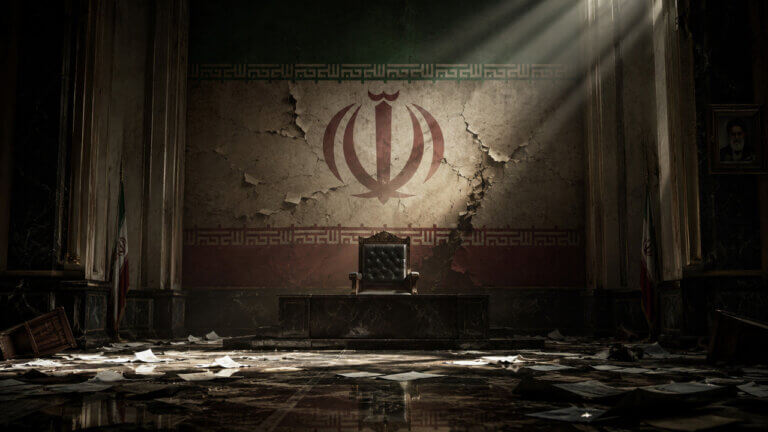 Iranian government chamber with an empty throne beneath a cracked national emblem, representing a prediction market on whether Iran’s ruling regime could fall by June 30.