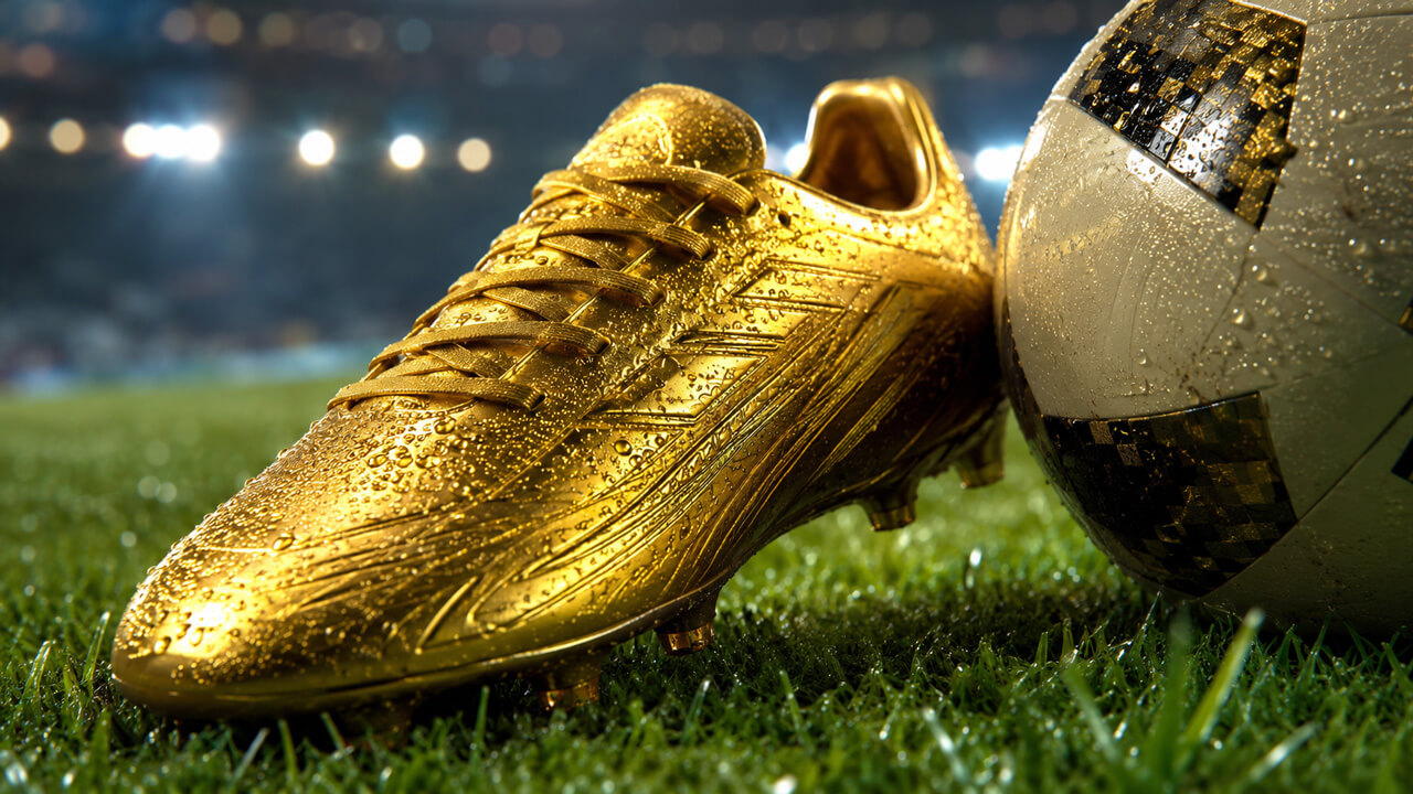 Golden soccer boot striking a soccer ball into the net under stadium lights.
