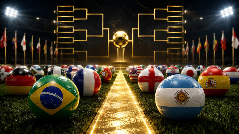 World Cup nations competing to reach the final illustrated by national flag footballs surrounding a knockout bracket and championship trophy, highlighting FIFA World Cup finalist odds, prediction markets, tournament brackets and country qualification forecasts.