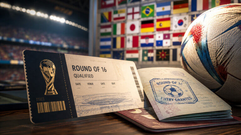 FIFA World Cup Round of 16 qualification illustrated by a tournament ticket, passport entry stamp and international flags, representing prediction markets for nations advancing to the knockout stage.