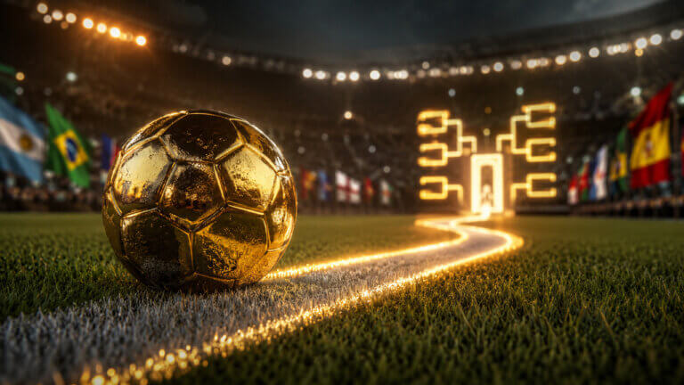 Golden football on a World Cup stadium pitch leading toward a glowing knockout tournament bracket, representing FIFA World Cup prediction markets, championship odds, tournament forecasts and betting on the road to the World Cup final.