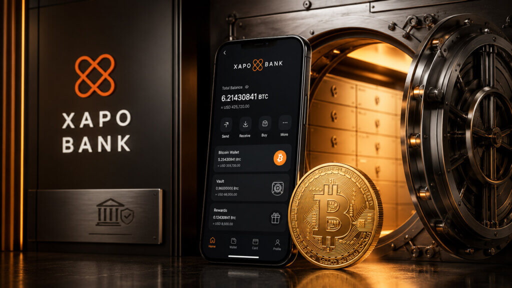 Xapo Bank mobile app displayed beside a Bitcoin vault and bank safe, highlighting secure Bitcoin custody, digital banking, and crypto wealth management services.