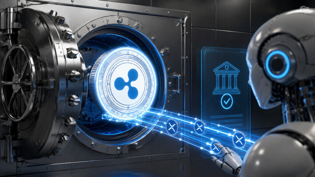 Ripple logo secured inside a digital vault while an AI-powered robot processes XRPL transactions, illustrating Ripple’s push into machine-driven payments as XRPL stablecoin adoption approaches $1 billion.