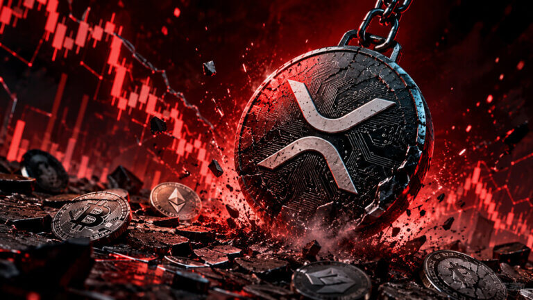 Cracked XRP logo surrounded by red shards symbolizing crypto market selloff and investor capitulation.