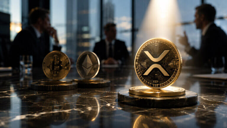 XRP token in a boardroom with institutional investors and rising price chart representing growing institutional demand for XRP ETFs.