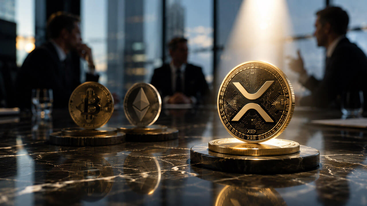 XRP token in a boardroom with institutional investors and rising price chart representing growing institutional demand for XRP ETFs.