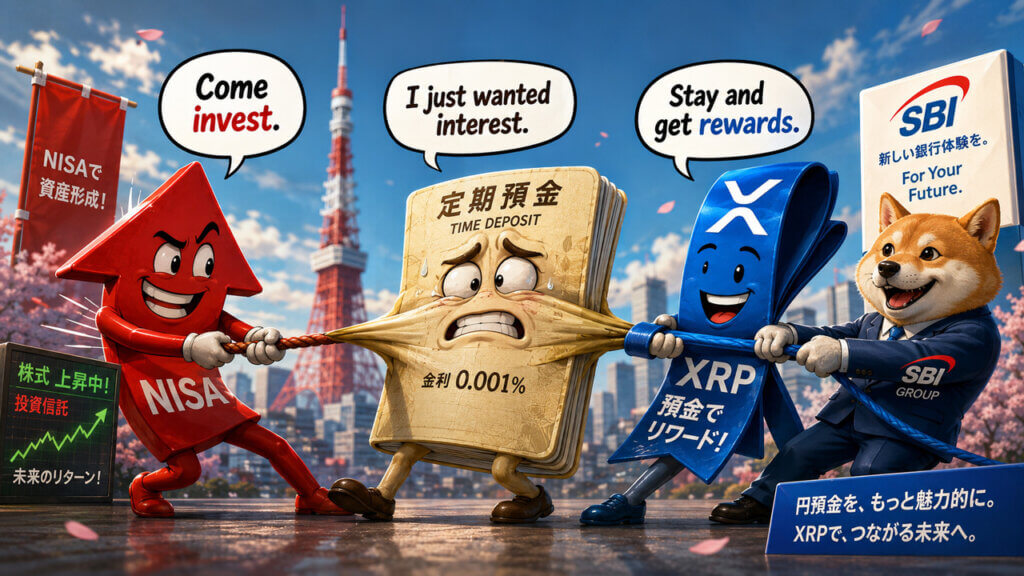 Cartoon image showing XRP and SBI characters pulling a low-interest time deposit against a Japanese stock market backdrop.