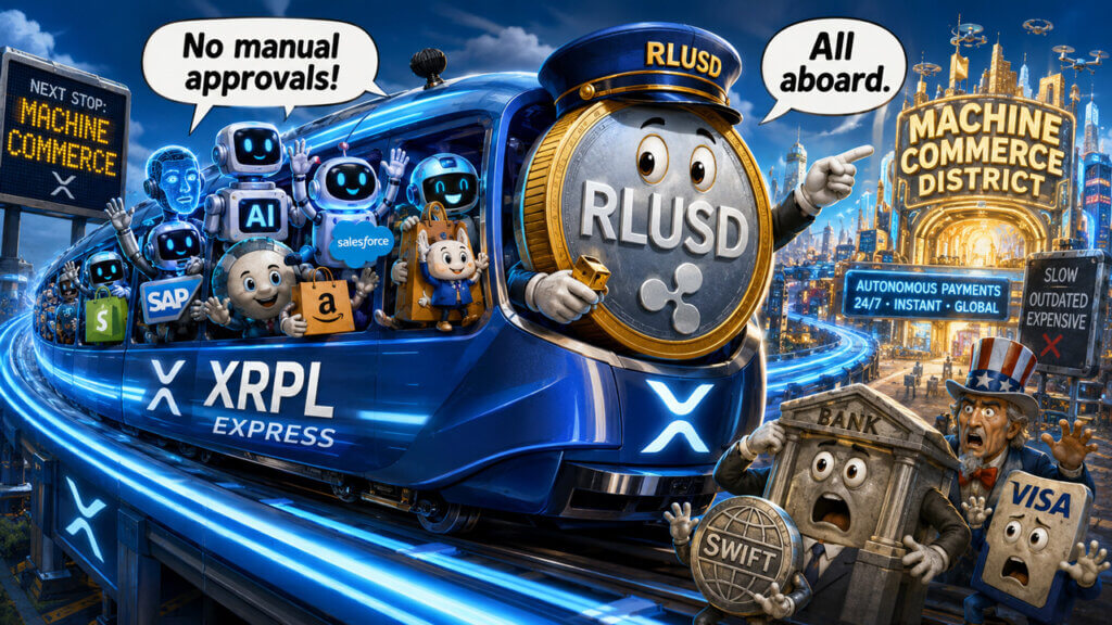 Cartoon image of Ripple’s RLUSD coin riding an XRPL Express train toward an AI-driven machine commerce district.