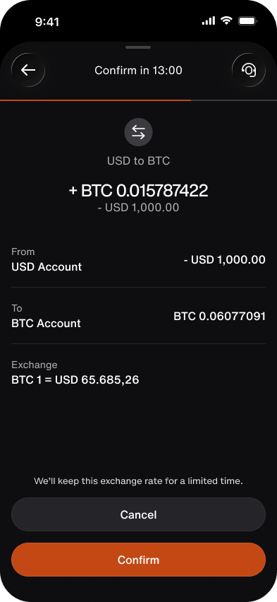 Xapo Bank BTC Vault screen showing zero Bitcoin balance, add funds, withdraw, BTC price, and security features