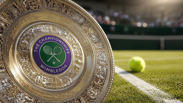 Wimbledon logo plaque on a green court wall beside a tennis ball on grass in bright daylight.