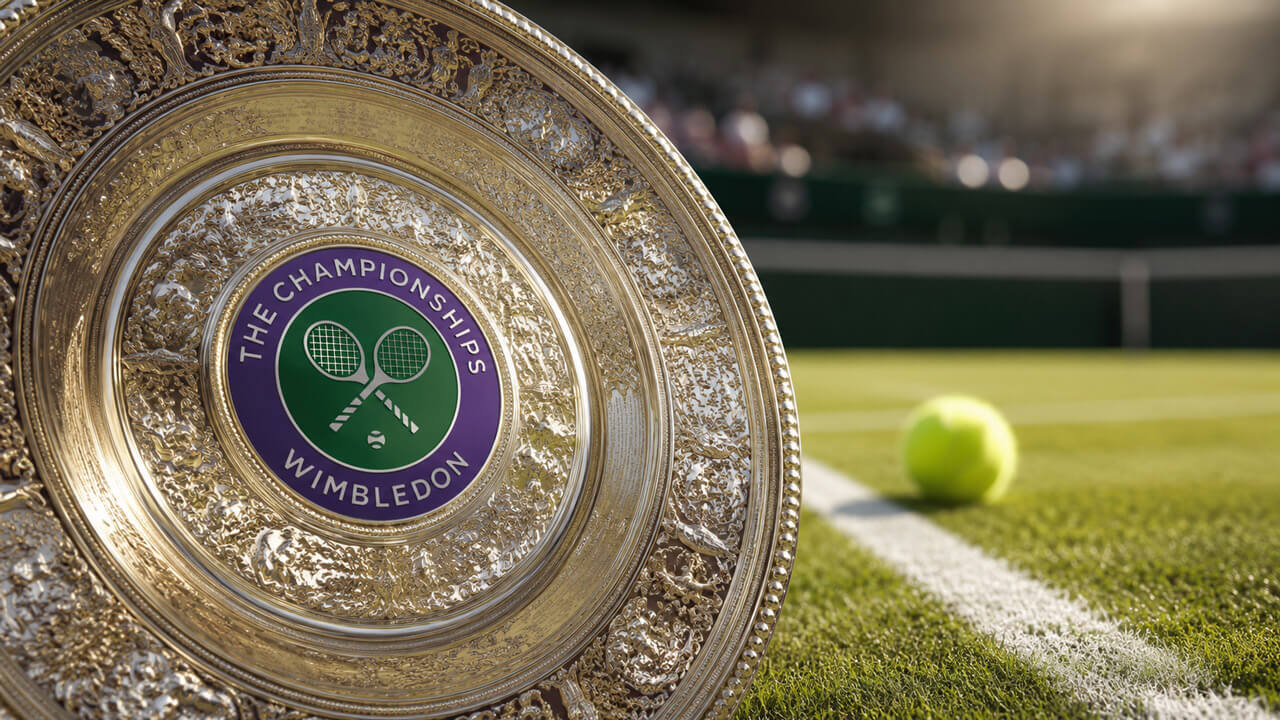 Wimbledon logo plaque on a green court wall beside a tennis ball on grass in bright daylight.