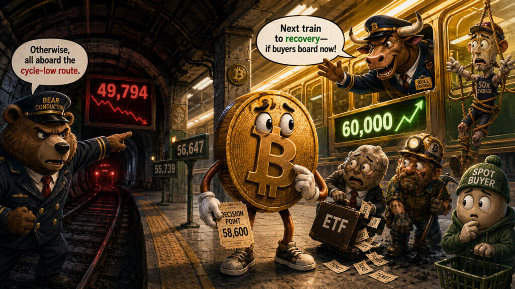 Bitcoin cartoon illustrating 58k BTC sell pressure as market reacts to large holder movement