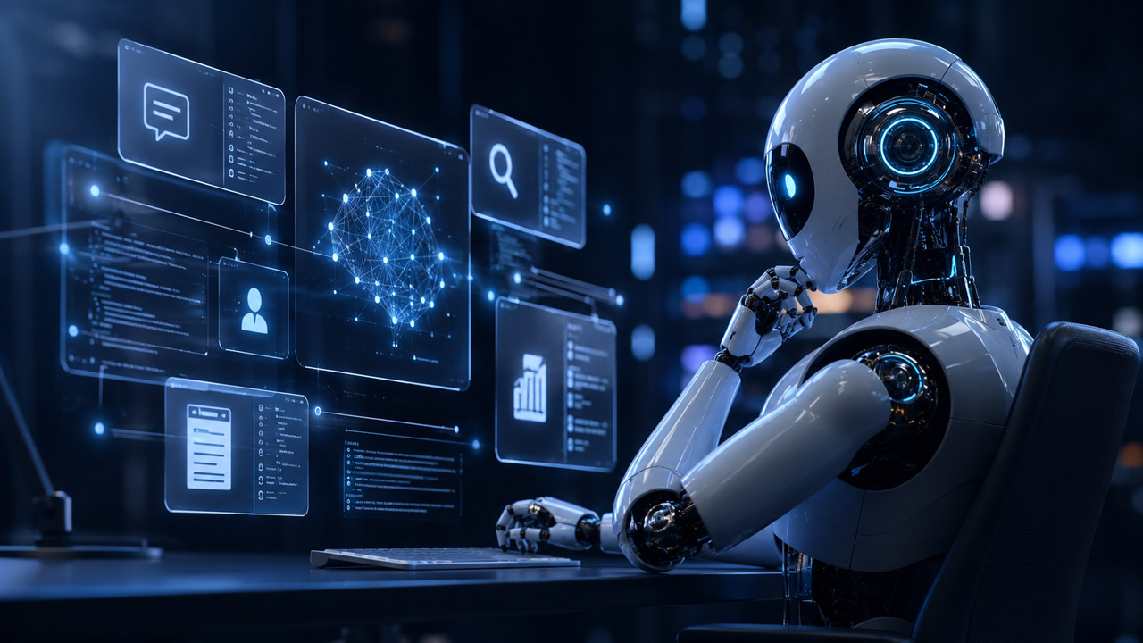 Futuristic humanoid AI agent reviewing holographic interfaces and a glowing neural network visualization.