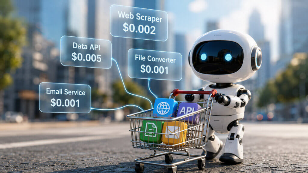 Small AI robot pushing a shopping cart of digital tools while comparing microservice prices for web scraping, data APIs, file conversion, and email delivery.