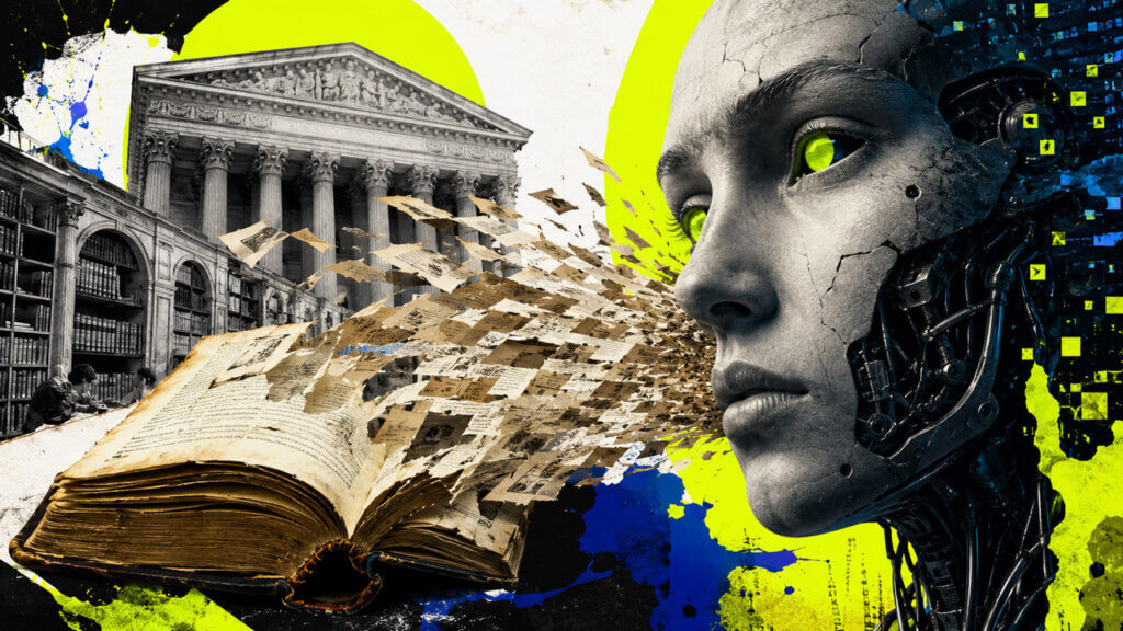 Editorial collage showing a humanoid AI figure with exposed machinery beside a courthouse, library shelves, and an open book releasing a stream of fragmented legal documents.