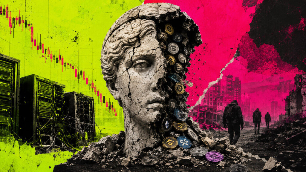 Electric-color editorial collage of a cracked classical stone head spilling crypto tokens, with damaged data centers, a descending market chart, ruined buildings, and operators walking into the distance.