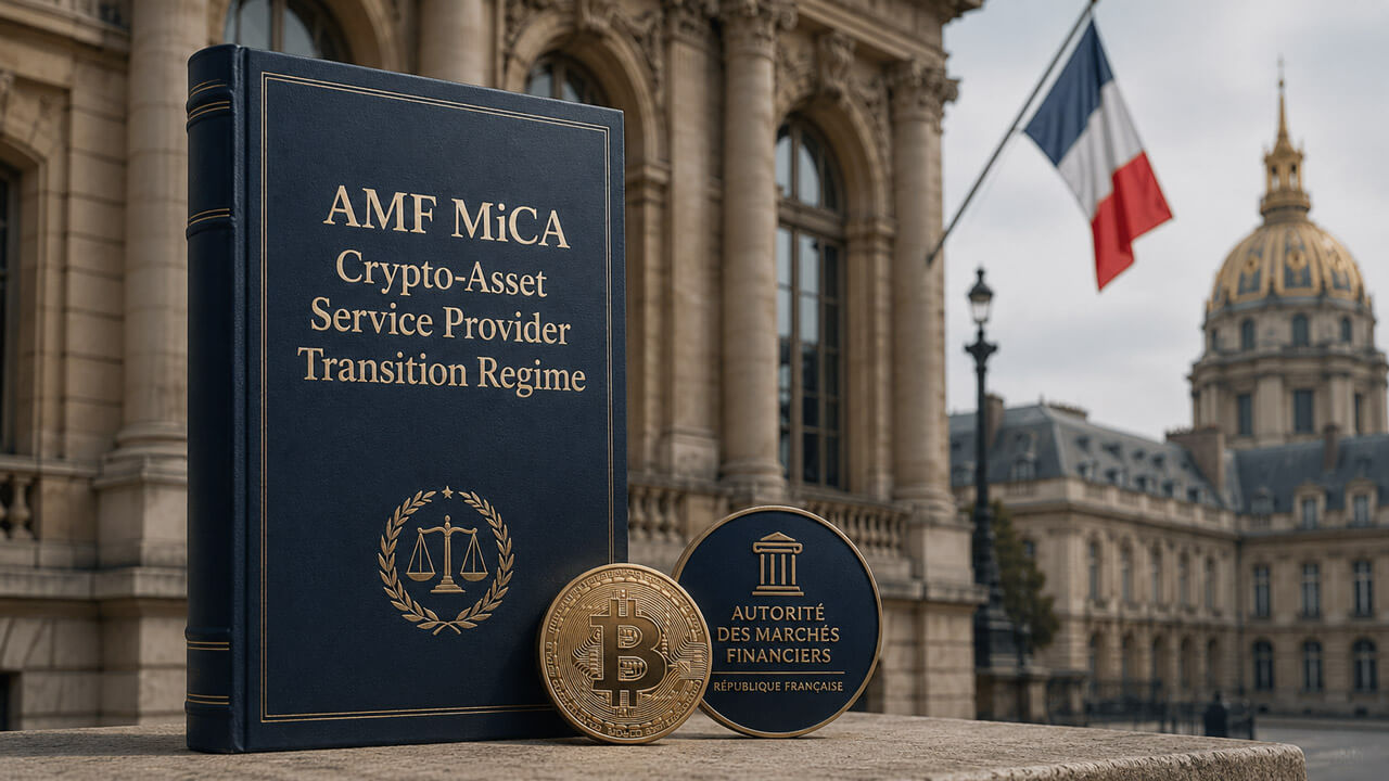 A law book titled AMF MiCA Crypto-Asset Service Provider Transition Regime displayed beside a Bitcoin token and AMF emblem in front of a French government building, symbolizing France’s transitional crypto service provider framework.